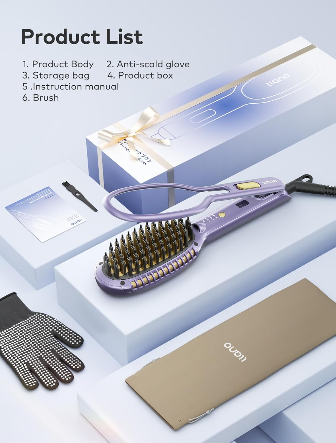 llano Hair Straightener Brush, Upgraded Ionic Hair Straightening Comb with Holder Clamp, Anti-Frizz Ceramic, Anti-Scald Ceramic straightening Brush (Lavender Purple)