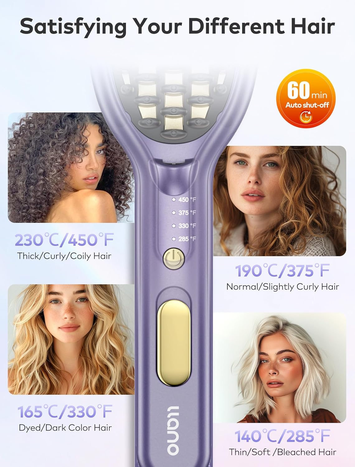 llano Hair Straightener Brush, Upgraded Ionic Hair Straightening Comb with Holder Clamp, Anti-Frizz Ceramic, Anti-Scald Ceramic straightening Brush (Lavender Purple)