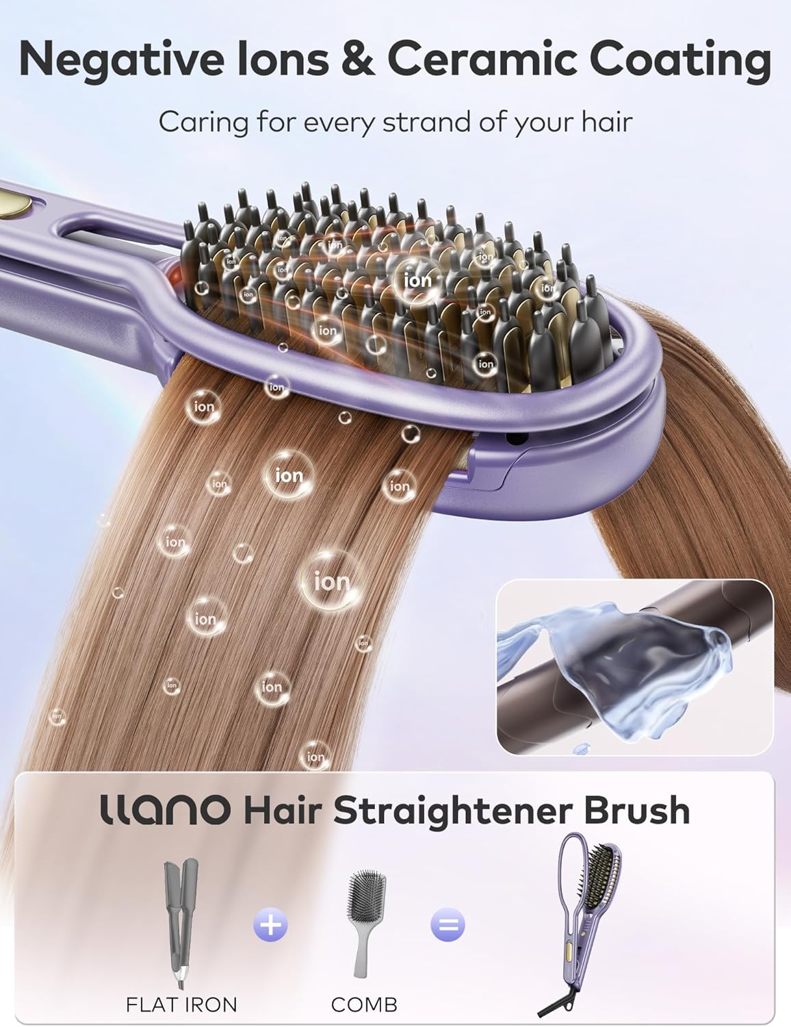 llano Hair Straightener Brush, Upgraded Ionic Hair Straightening Comb with Holder Clamp, Anti-Frizz Ceramic, Anti-Scald Ceramic straightening Brush (Lavender Purple)