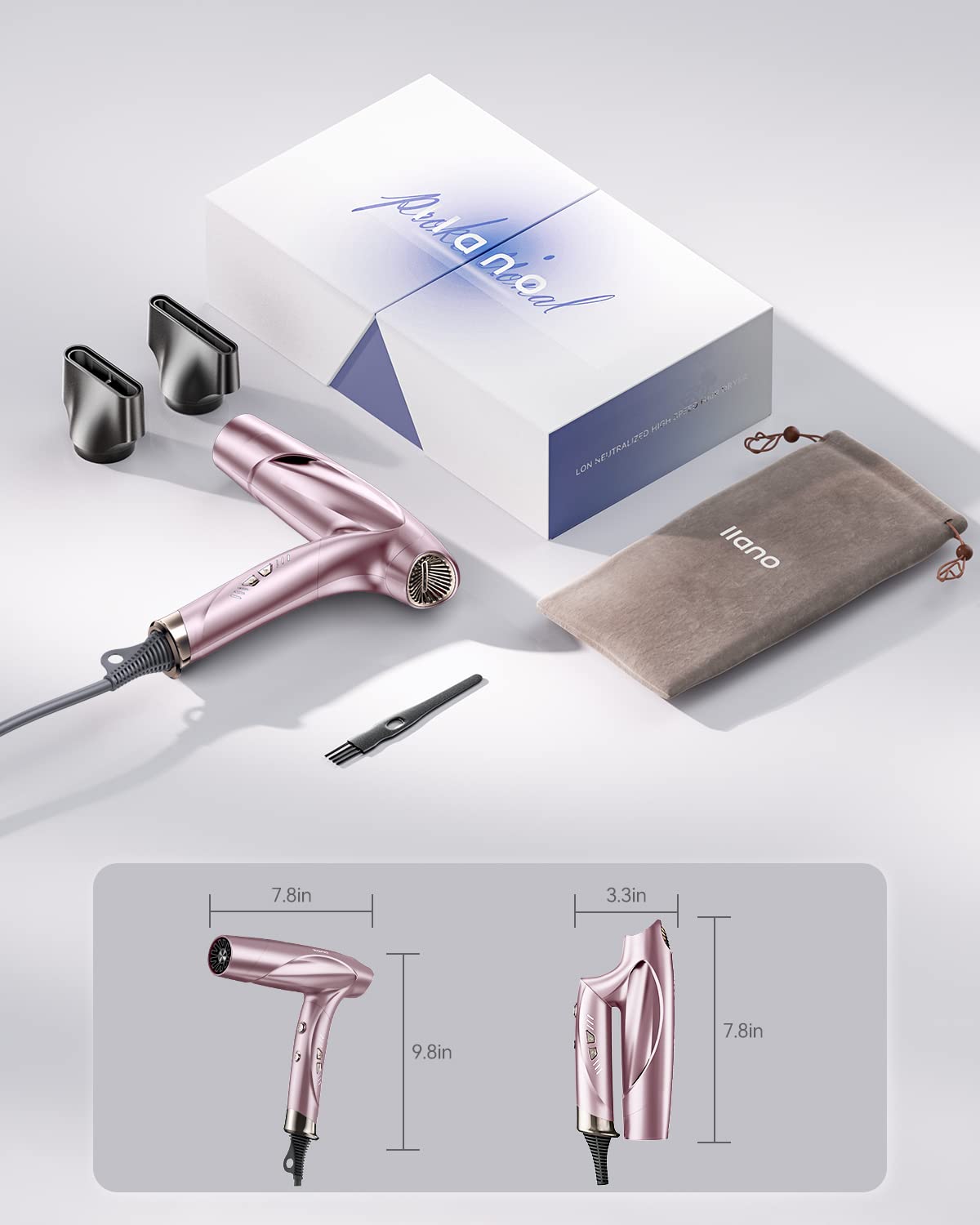 llano Hair Dryer Ionic Blow Dryer with 110,000 RPM High-Speed Brushless Motor, Professional Salon Fast Drying Quiet Hairdryer with 200Million Neutralizing Ions (Positive&Negative), Portable Travel Blowdryer