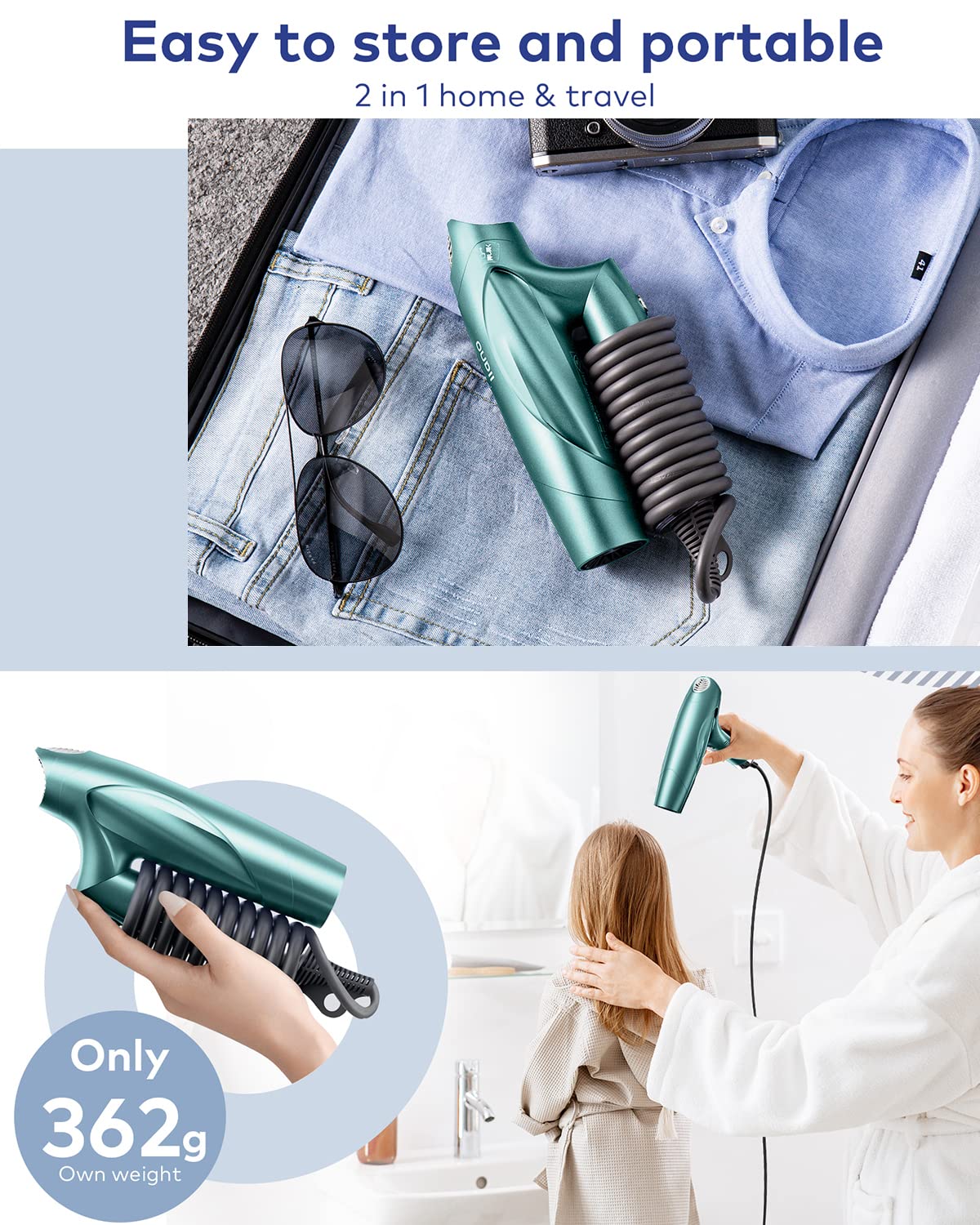 llano Hair Dryer Ionic Blow Dryer with 110,000 RPM Brushless Motor, llano Folding Portable Travel Hairdryer with 200 Million Neutralizing Ions, High-Speed Fast Drying Quiet Blowdryer for Women Men - Green