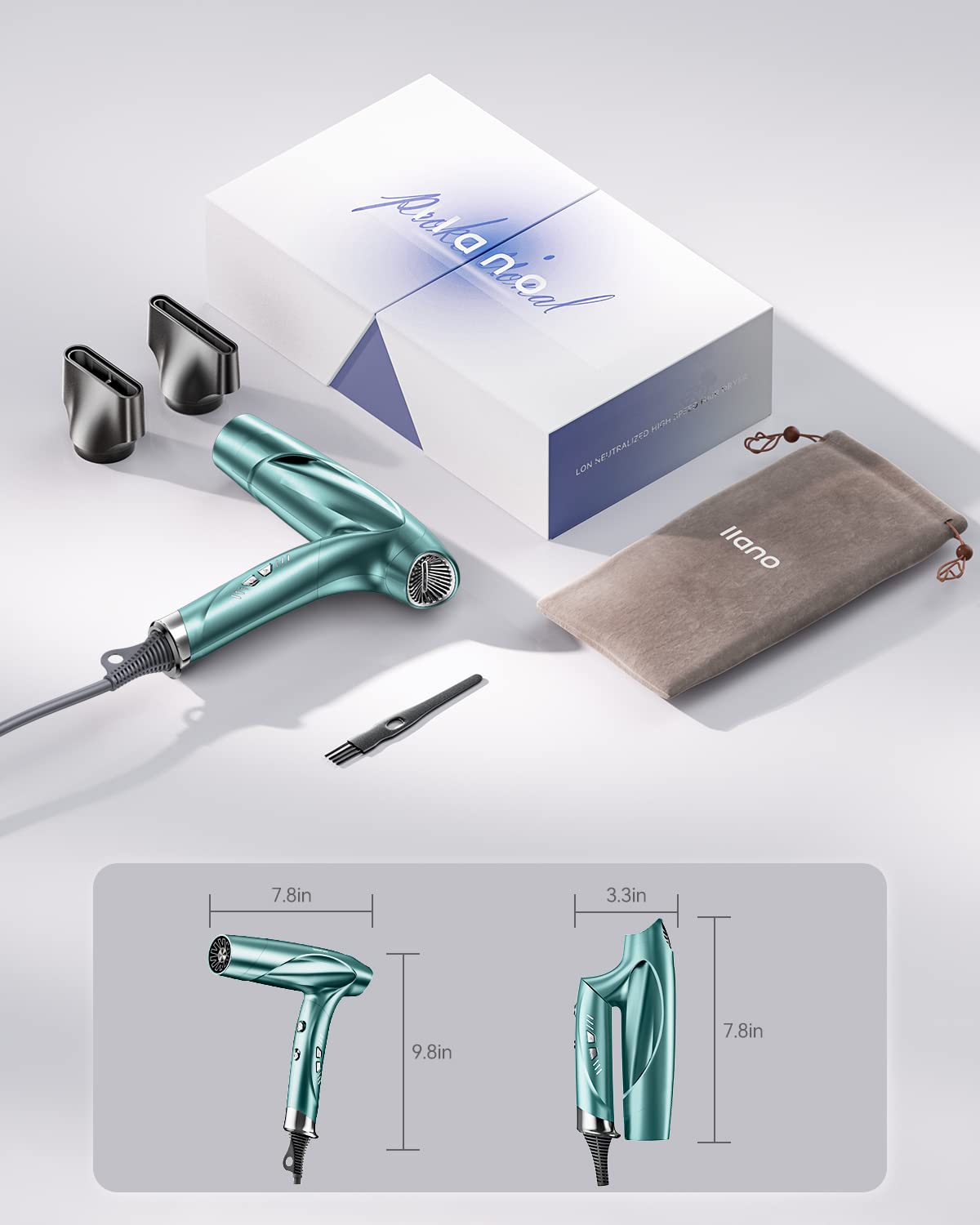 llano Hair Dryer Ionic Blow Dryer with 110,000 RPM Brushless Motor, llano Folding Portable Travel Hairdryer with 200 Million Neutralizing Ions, High-Speed Fast Drying Quiet Blowdryer for Women Men - Green